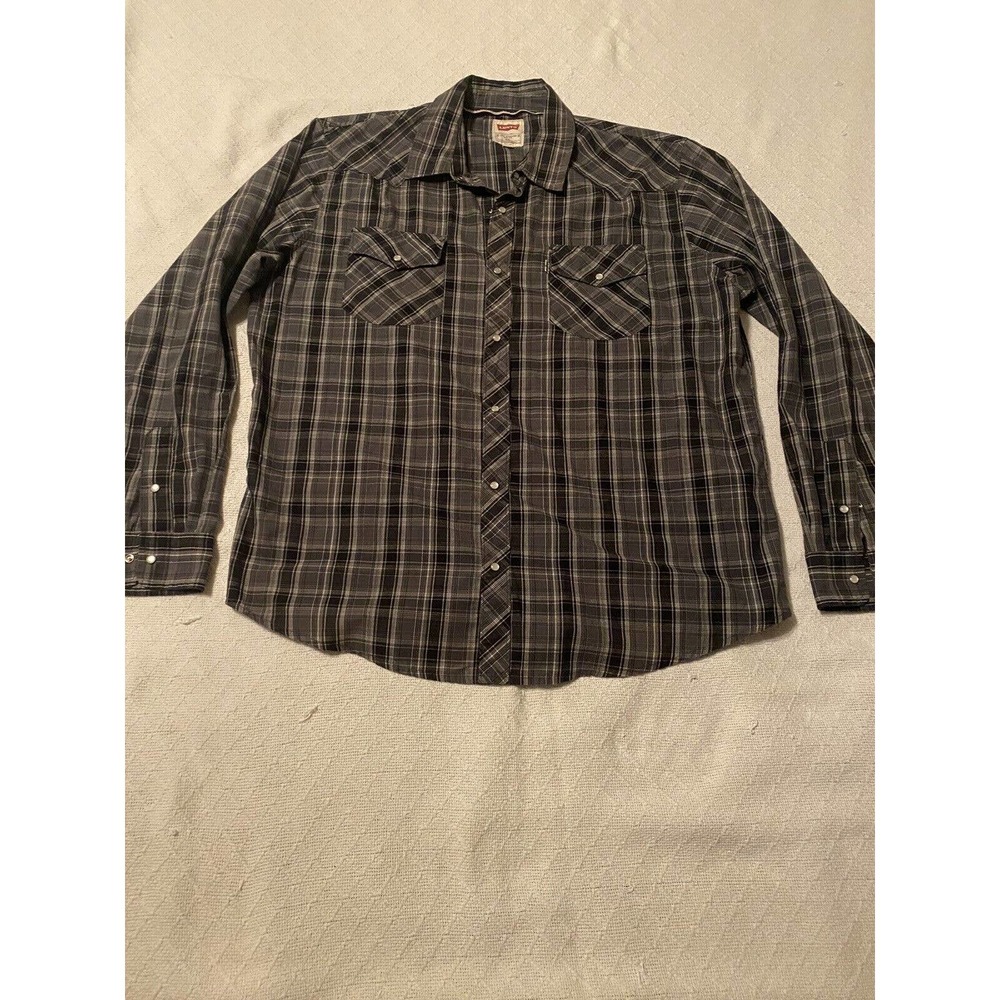 Levis Pearl Snap Shirt Mens XL Black Plaid Check Long Sleeve Western